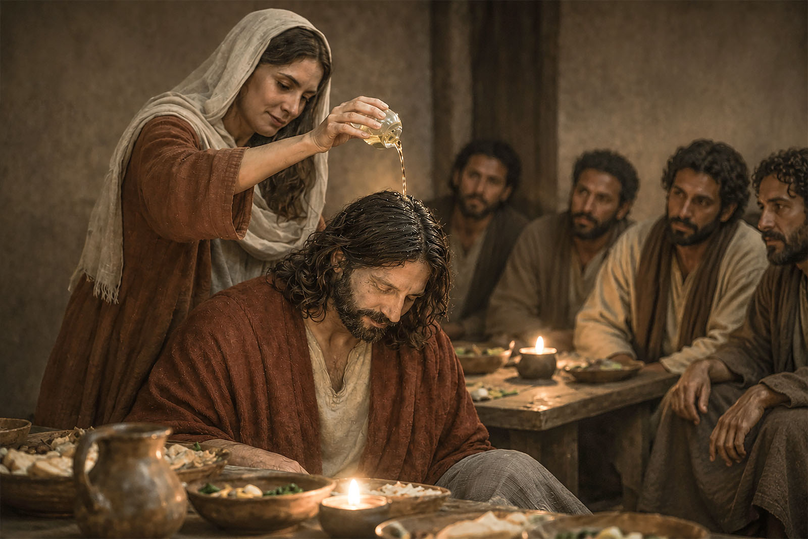 Mary anoints Jesus’s head and then His feet in an act of sublime significance, preparing Jesus for His death and burial.